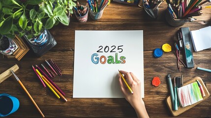 Creative Desk with 2025 Goals Written on a Blank Paper Surrounded by Art Supplies
