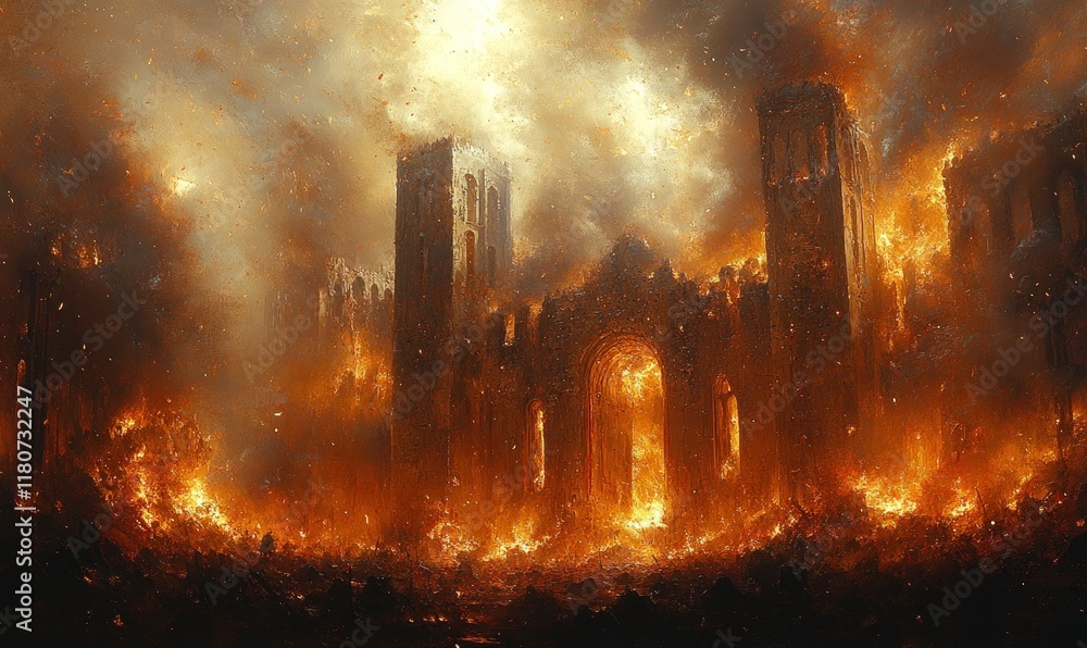 Poster Fiery inferno consumes ancient stone cathedral.