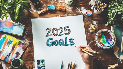 Creative Desk with 2025 Goals Written on a Blank Paper Surrounded by Art Supplies