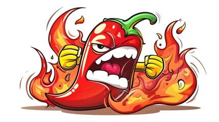 cartoon red chili with an angry face, hands, and fire behind him