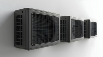 Modern air conditioner units mounted on a white wall.
