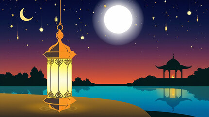 Moonlit night and Ramadan lanterns.