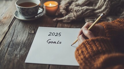 Creative Desk with 2025 Goals Written on a Blank Paper Surrounded by Art Supplies