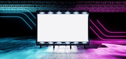 Sci Fi Billboard Modern Cyber Garage Grunge Hangar Showcase Advertise Big White Plane Alien Spaceship Futuristic Realistic Asphalt Cement Concrete Tunnel Warehouse 3D Rendering © IM_VISUALS
