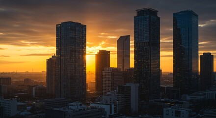 Fototapeta premium A modern city skyline at dawn, with the first light reflecting off glass skyscrapers