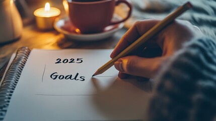 Creative Desk with 2025 Goals Written on a Blank Paper Surrounded by Art Supplies