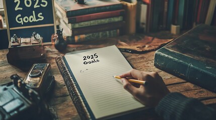 Creative Desk with 2025 Goals Written on a Blank Paper Surrounded by Art Supplies