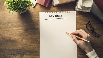 Creative Desk with 2025 Goals Written on a Blank Paper Surrounded by Art Supplies