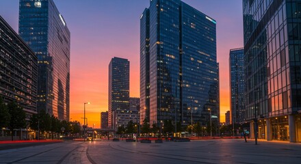 Obraz premium A modern city skyline at dawn, with the first light reflecting off glass skyscrapers