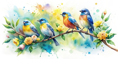 Vibrant Watercolor Painting of Four Colorful Birds Perched on a Branch Adorned with Blossoming Yellow Flowers