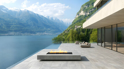 Modern Lakeside Home 3D Illustration: Mountain View