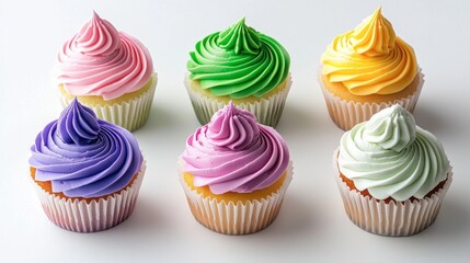 Colorful Cupcakes with Swirled Icing in Vibrant Colors on White Background