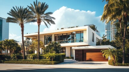 Modern luxury beachfront home with palm trees. Ideal for real estate, travel, and luxury lifestyle advertising.