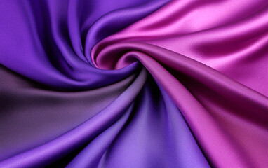 Obraz premium Soft flowing silk satin fabric in gradient purple and pink tones creates elegant swirling textured pattern with smooth luxurious sheen