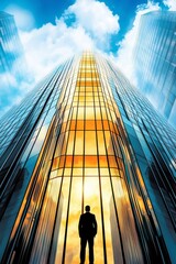 Man Standing Before Tall Skyscraper Reflecting Bright Blue Sky and Clouds