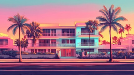 Obraz premium Stylish Miami-esque building at sunset, palm trees flanking a quiet street. Perfect for travel, vacation, or luxury real estate projects.