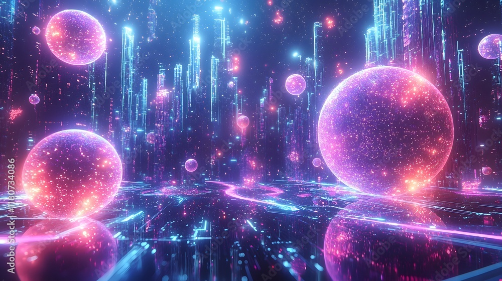 Poster futuristic and visionary abstract background featuring a surreal cityscape of glowing pulsating digi