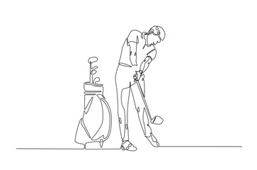 Golf sport continuous one line drawing. professional golfer and golf bag in single line art illustration. Editable vector.