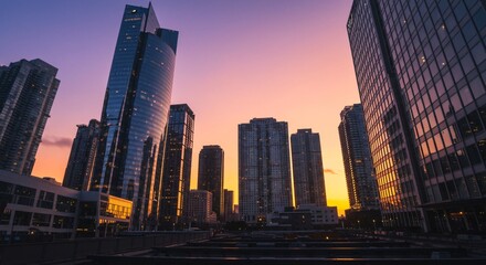 Fototapeta premium A modern city skyline at dawn, with the first light reflecting off glass skyscrapers