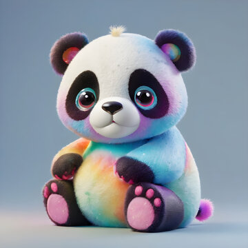 A 3D panda with bright rainbow patches on its fur sitting on a plain light blue background, highly detailed.