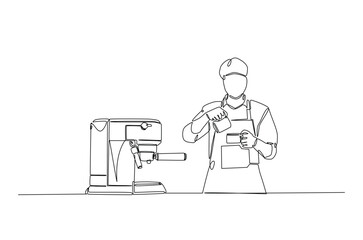 Barista and coffee machine continuous one line drawing. Barista preparing cofffee in single line art illustration. Editable vector.