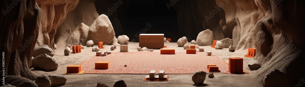Poster a minimalist cave setting with geometric blocks and a patterned floor.