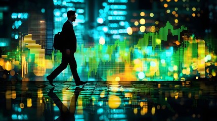 Silhouette of a businessman walking amidst a futuristic city skyline at night with glowing buildings and financial charts and graphs overlaid representing the convergence of business technology