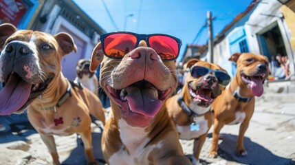 dogs portrait with sunglasses, Funny animals in a group together looking at the camera, wearing clothes, having fun together