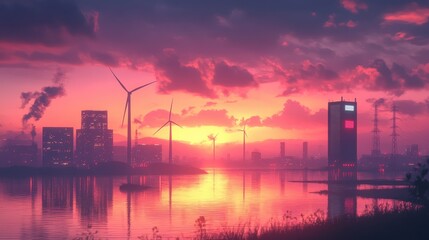Obraz premium Pink sunset over futuristic city skyline with wind turbines. Ideal for illustrating clean energy, urban landscapes, or technological advancements.