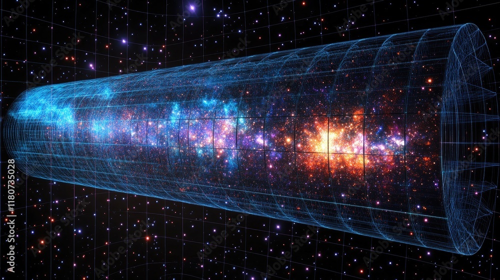 Poster a 3d representation of the universe showcasing cosmic structures and star formations.