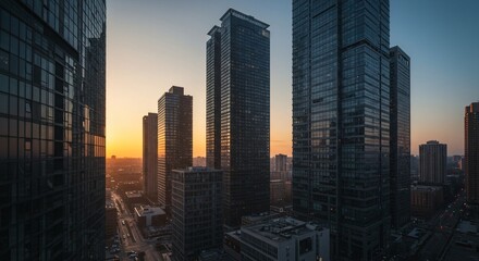 A modern city skyline at dawn, with the first light reflecting off glass skyscrapers