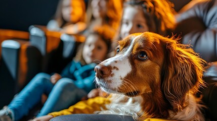 Fototapeta na wymiar Adorable dog resting its head comfortably on a child s lap as they enjoy a cozy movie night together at home showcasing the affectionate bond between pets and their young owners