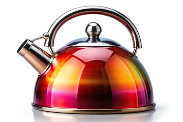 Obraz premium A gleaming silver aluminum tea kettle, isolated on a white background, perfect for stovetop boiling.