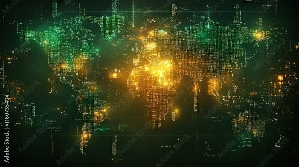 Poster digital world map with geometric patterns and illuminated points representing global connections in 