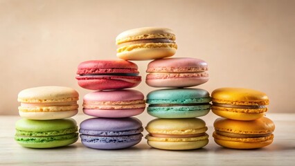 Fototapeta premium A Delicate Pyramid of Colorful French Macarons on a Light Wooden Surface