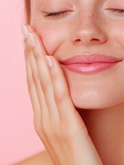 A close-up of a smiling woman with radiant skin, softly touching her face against a pink background, conveying a sense of beauty and skincare.