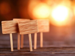 Wooden signs stand against a glowing background, creating a warm and inviting atmosphere suitable for various themes and messages.