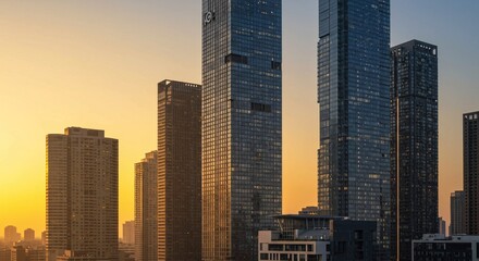 Fototapeta premium A modern city skyline at dawn, with the first light reflecting off glass skyscrapers