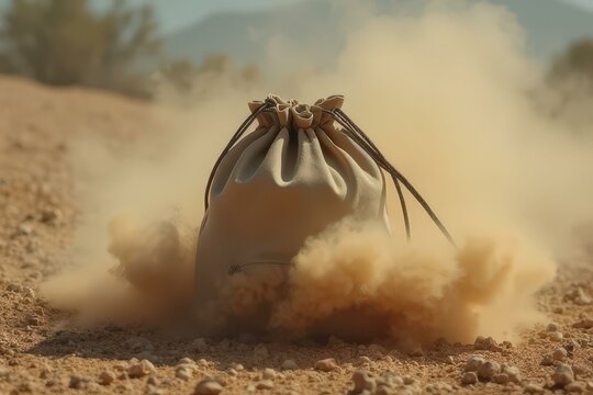 Beige canvas sack kicked up by dust on a desert road
