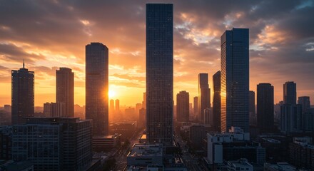 A modern city skyline at dawn, with the first light reflecting off glass skyscrapers