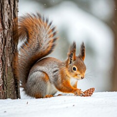 Fototapeta premium Red squirrel sitting on snowy ground holding a nut, winter wildlife and forest animals.