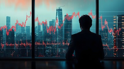 Silhouetted businessperson standing before a window gazing out at a modern city skyline  The skyline is overlaid with an optimistic market graph and various data visualizations