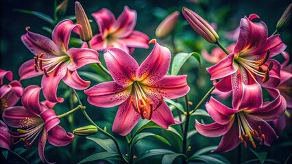 Fototapeta premium A vintage pink martagon lily, dramatically framed against a dark backdrop, captures the essence of garden elegance.