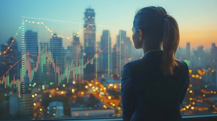 A woman in a business attire standing in front of a window overlooking the cityscape with a vibrant optimistic market graph and data displayed symbolizing the potential for growth development