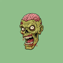 The image shows a cartoon illustration of a decaying zombie head with its brain exposed and blood splatters.