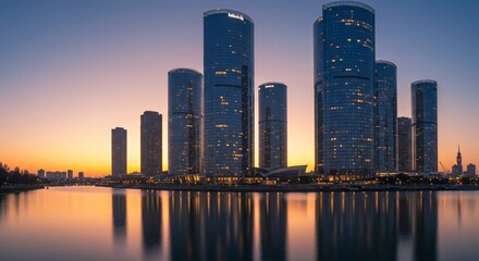 Fototapeta premium A modern city skyline at dawn, with the first light reflecting off glass skyscrapers