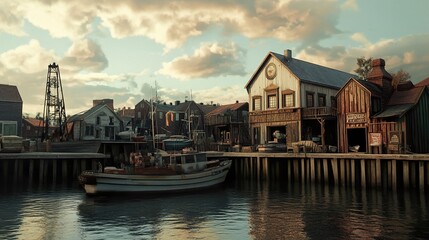 Naklejka premium Picturesque Fishing Village at Sunset
