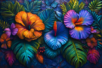 Vivid tropical flowers and lush foliage in vibrant, jewel-toned colors.  A close-up, artistic depiction of hibiscus, anthurium, and monstera leaves.