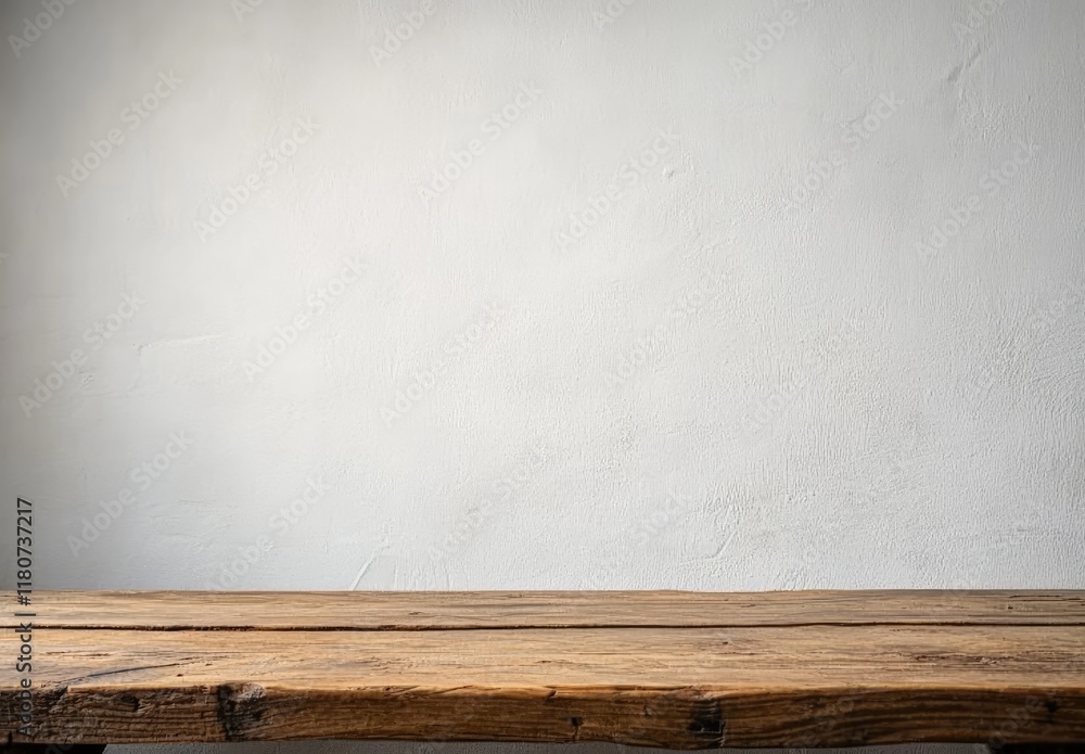 Aufkleber Empty wooden table with a rustic texture and a plain white wall background, ideal for product display mockup designs. Perfect for advertising templates with ample copy space