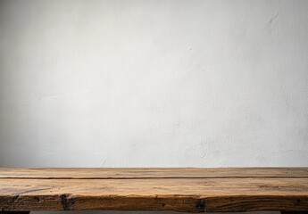 Empty wooden table with a rustic texture and a plain white wall background, ideal for product display mockup designs. Perfect for advertising templates with ample copy space